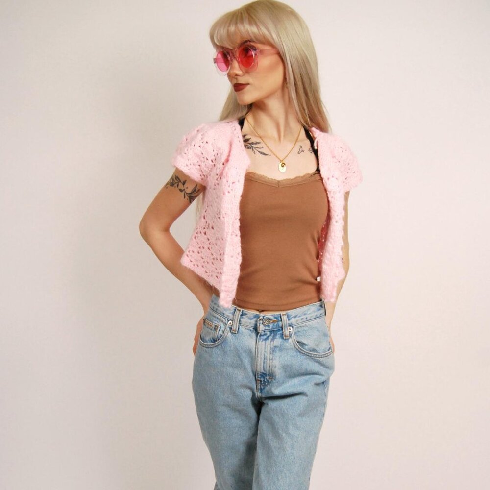 Vintage Crochet Cardigan (XS-M) baby pink open top - Picture 2 of 8